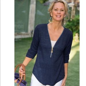 Soft Surroundings Valentina Sweater Gold Zipper Neckline VNeck Slub Jersey Knit